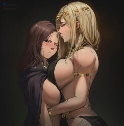 2girls absurdres armlet asymmetrical_docking big_ass big_breasts black_background black_dress blonde_hair bone_of_arc boneofarc braid breast_on_ breast_press breast_to_breast breasts breasts_on_chest breasts_to_breasts brown_eyes brown_hair circlet cloak commentary cracked_skin dress elden_ring english_commentary female female_only fromsoftware highres hood hood_down hooded_cloak hugging incest large_breasts long_hair looking_at_viewer medium_hair melina_(elden_ring) milf mother_and_daughter multiple_girls one-eyed one_eye_closed patreon_username queen_marika_the_eternal sideboob twitter_username wholesome yellow_eyes yuri