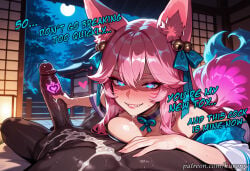 1boy 1girl ahri ahri_(league_of_legends) ai_generated animal_ear_fluff animal_ears bell blue_eyes blush breasts cum cum_on_body dark-skinned_male dark_skin english_text erection facial_mark fangs fingernails fox_ears fox_tail full_moon hair_bell hair_ornament handjob heart heart-shaped_pupils hetero interracial japanese_clothes kurorgy large_breasts league_of_legends long_hair looking_at_viewer magic_penis penis pink_hair pov smile spirit_blossom_ahri tail whisker_markings