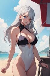 ai_generated beach blue_eyes clothed elizabeth_liones female_only fully_clothed looking_at_viewer sand seven_deadly_sins silver_hair