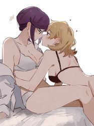 <3 2girls akmizuk arm_around_partner bed_sheet black_bra blonde_hair blush bra breasts canon_couple cleavage color daiba_nana glasses green_eyes highres hoshimi_junna imminent_kiss looking_at_another panties partially_clothed purple_hair romantic romantic_couple shoujo_kageki_revue_starlight underwear undressing white_background white_bra white_panties yuri