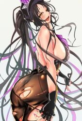 ass bare_shoulders bikini black_bikini black_gloves black_hair black_headwear black_pantyhose blush breasts exa1018 facial_mark fate/grand_order fate_(series) female fingerless_gloves forehead_mark gloves halterneck hat large_breasts long_hair looking_at_viewer multicolored_hair necktie open_mouth pantyhose parted_bangs pink_hair pink_necktie police_hat ponytail sesshouin_kiara sesshouin_kiara_(swimsuit_mooncancer)_(fate) sessyoin_kiara sessyoin_kiara_(swimsuit_mooncancer) sideboob smile solo streaked_hair swimsuit thighs torn_clothes torn_pantyhose very_long_hair yellow_eyes