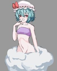 bandeau bare_shoulders black_fingernails blue_hair bottomless cloud cosplay dazzi_(pal) dazzi_(pal)_cosplay drawfag grey_background hidden_pussy large_hips laughing looking_at_viewer messy_hair mob_cap navel palworld petite_body pocketpair purple_bandeau red_eyes remilia_scarlet short_hair small_breasts smug solid_color_background touhou tubetop vampire vampire_fangs vampire_girl