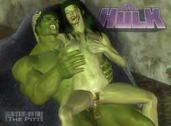 1boy 1girls 3d 3d_(artwork) abs breasts cousins female green_hair green_skin hulk hulk_(series) incest male male/female marvel marvel_comics muscular_male nipples nude pubic_hair reverse_cowgirl_position sex she-hulk straight the_pitt