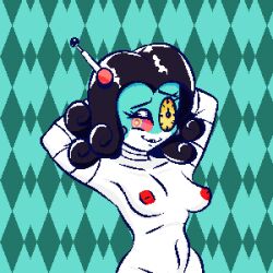 1girls black_hair curly_hair deltarune deltarune_(chapter_gamma) deltarune_chapter_3 deltarune_oc female female_only looking_at_viewer medium_breasts pixel_art radiola_(chapter_gamma) robot robot_girl undertale_(series) white_skin