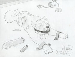 2007 ball_gag canine claws crying cut eyes_closed feral ginga_legend_weed ginga_nagareboshi_gin male_only monochrome silver_fang traditional_media_(artwork) vibrator weed