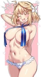 alternate_version_available arcueid_brunestud areola_slip bare_shoulders bikini bikini_bottom_only blonde_hair blush blush_stickers breast_curtains breasts closed_eyes cute_fang ebora fate/grand_order fate_(series) female flower frilled_bikini frills hair_flower hair_intakes hair_ornament highres large_breasts looking_at_viewer lowleg lowleg_bikini navel neck_ribbon open_mouth ribbon short_hair solo swimsuit thighs tsukihime white_bikini youngmanisdown