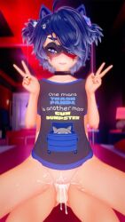 1boy 1girls collar cum cumming_in_pussy female heart-shaped_pupils indie_virtual_youtuber male raccoon_girl seated_reverse_cowgirl_position shirt_only snuffy victory_sign virtual_youtuber vtuber