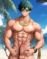 1boy abs ai_generated balls ballsack beach biceps big_balls big_penis big_testicles blush boku_no_hero_academia bracelet buff bulge chest clouds cock deku dick erect erect_penis erection gold gold_(metal) gold_bracelet gold_chain gold_jewelry gold_necklace green_hair happy huge_cock huge_testicles izuku_midoriya jewerly large_penis large_testicles long_penis male male_focus male_only muscle muscle_tone muscles muscular muscular_arms muscular_legs muscular_male muscular_thighs my_hero_academia naked naked_male neck_chain necklace nipples no_clothes no_clothing nude nude_male nudity ocean pecs penis sea seaside shorts six_pack sky solo solo_focus solo_male strong sunglasses sweat sweatdrop sweating sweaty sweaty_body testicles thick_penis vanilladuck water