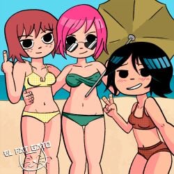 3girls asian beach bikini black_eyes black_hair blush chinese elfatgato female female_only freckles freckles_on_face freckles_on_shoulders heart-shaped_sunglasses holding_object kim_pine knives_chau looking_over_eyewear looking_over_glasses looking_over_sunglasses middle_finger panties parasol peace_sign pink_hair ramona_flowers red_hair scott_pilgrim seaside selfie short_hair sunglasses tinted_eyewear