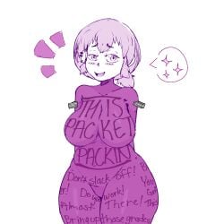 1girls big_breasts big_thighs eattheloops latex purple_eyes purple_hair purple_packet skin_tight smug staples text_on_clothing writing