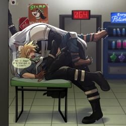 2boys anal anal_sex bent_over blonde_hair blushing boots closed_eyes clothed clothed_sex cloud_strife crisis_core_final_fantasy_vii detailed_background final_fantasy final_fantasy_vii gay gloves half-closed_eyes long_hair male male/male pants_down pauldrons public public_sex scarf sephiroth sex silver_hair size_difference spiky_hair square_enix steamy_breath tagme yaoi