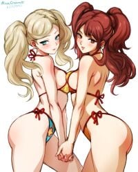 2girls ann_takamaki ass bikini blonde_hair blue_bikini blue_eyes blue_swimsuit breasts brown_eyes brown_hair earrings female female_only floral_print hairclip holding_hands human kujikawa_rise looking_at_viewer lovers_arcana medium_breasts minacream multiple_girls orange_bikini orange_swimsuit pale_skin persona persona_4 persona_5 side-tie_bikini side-tie_swimsuit swimsuit touching_breasts twintails two_girls winking_at_viewer