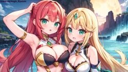 2girls aegis_elysium ai_art ai_generated arm_up armor armpits background blonde_hair blush blushing_at_viewer breasts cleavage day dress earrings female female_focus gem gloves green_eyes hair_ornament headpiece highres huge_breasts jewelry lagoon large_breasts light long_hair looking_at_viewer moon morning navel original original_character outdoors princess red_hair rock skindentation sky solo solo_focus thick thick_breasts tiara vegetation very_long_hair water waterfall watermark