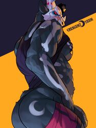 anthro ass biped bodypaint bone bovid bovine crescent_yeen digital_drawing_(artwork) digital_media_(artwork) fur genitals hi_res male mammal muscular muscular_anthro muscular_male nipples penis simple_background skull skull_head solo standing