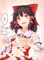 ! !? ? ascot black_hair bow breasts brown_eyes commentary_request convenient_arm detached_sleeves emphasis_lines female frilled_bow frills gradient_background hair_tubes hairbow hakurei_reimu happy_birthday head_tilt heart heart_of_string highres long_hair looking_at_viewer medium_breasts miyo_(ranthath) navel nude open_mouth pink_background red_bow reimu_hakurei sidelocks solo spoken_exclamation_mark spoken_question_mark stomach sweat torn_clothes torn_sleeves touhou upper_body white_background yellow_ascot