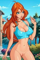 4kids_entertainment 6_fingers ai_generated ai_hands bloom_(winx_club) bottomless casual_nudity frown nickelodeon outdoors pussy rainbow_(animation_studio) shaved_pussy tank_top winx_club