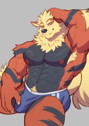 1boy abs absurd_res adios anthro anthrofied arcanine armpit_hair biceps biped black_nose blonde_pubes body_hair bulge colored detailed_bulge generation_1_pokemon hand_on_head hi_res male male_only muscular muscular_anthro muscular_male muscular_thighs nintendo nipples pecs pokémon pokémon_(species) pokemon pokemon_(species) pubes red_nipples solo triceps