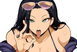 1girls ai_generated black_hair facing_viewer fellatio_gesture female female_only glasses inviting_to_sex large_breasts looking_at_viewer mullon nico_robin novelai one_piece open_mouth solo suggestive suggestive_gesture sunglasses sunglasses_on_head tongue