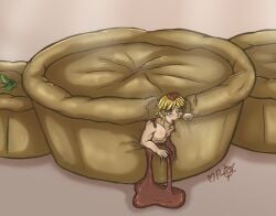 1boy adrien_agreste blonde_hair blonde_male commission eating food food_fetish food_play green_eyes hair hi_res human macro/micro male male_only meat_pie megumipan616 micro microphilia miraculous_ladybug pre_vore sauce shirtless solo vore