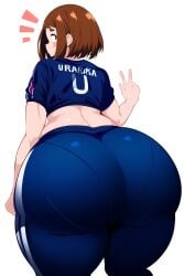 ai_generated big_ass big_butt blush fat_ass goldencum34 gym_uniform huge_ass my_hero_academia ochako_uraraka pawg peace_sign sports_uniform thick_thighs uraraka_ochako wide_hips