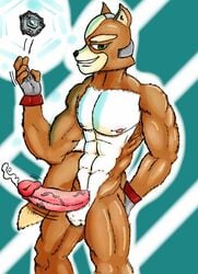 abs anthro brown_fur color cum erection fingerless_gloves fox fox_mccloud front_view fur furry furry_only gloves green_eyes k3rry male male_only nude open_eyes penis solo standing star_fox tagme testicles