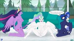 after_sex alicorn animal_genitalia animal_penis anthro ass balls blue_breasts blue_nipples bodily_fluids breasts closed_eyes crown cum cum_covered cum_on_breasts cum_on_face cum_on_ground cum_on_nipples cutie_mark dialogue equid equine equine_genitalia equine_penis erection fab3716 female female/female french_text friendship_is_magic front_view genital_fluids genitals glass grey_nipples group hair hand_between_legs hand_on_butt hasbro headgear hi_res hooves horn horrified incest inside intersex kneeling mammal messy mortified my_little_pony mythological_creature mythological_equine mythology nipples nude nude_anthro nude_female on_ground open_mouth penis plant ponytail possible_impregnation princess_celestia_(mlp) princess_luna_(mlp) princess_twilight_sparkle_(mlp) purple_breasts purple_nipples pussy realization relaxing satisfied satisfied_look siblings sister sisters sitting sitting_on_ground spent spread_legs spread_wings spreading text tired tree trio white_breasts wide_eyed window wings