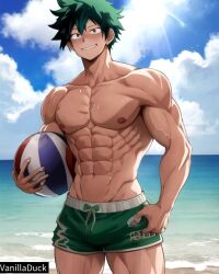 1boy abs ai_generated beach beach_ball biceps blush blushing boku_no_hero_academia buff bulge chest clouds deku green_hair happy izuku_midoriya male male_only muscle muscle_tone muscles muscular muscular_arms muscular_legs muscular_male muscular_thighs my_hero_academia nipples ocean pecs sea seaside shorts six_pack sky solo solo_focus solo_male strong sweat sweatdrop sweating sweaty sweaty_body vanilladuck water