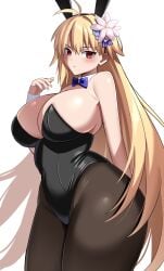 ahoge animal_ears archetype_earth arcueid_brunestud ass big_breasts big_butt black_leotard blonde_hair breasts bunny_ears bunnysuit detached_sleeves eyebrows_hidden_by_hair fake_animal_ears fate/grand_order fate_(series) female flower hair_between_eyes hair_flower hair_ornament highres hips imuzi large_breasts leotard long_hair looking_at_viewer melty_blood pantyhose playboy_bunny rabbit_ears red_eyes simple_background solo thick_ass thick_thighs thighs tsukihime type-moon very_long_hair white_background wide_hips wrist_cuffs