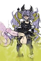 balls condom condom_filling cum cumming erection fart fart_cloud fart_fetish farting futanari penis purple_hair satyr_(granblue_fantasy) solo sweatybuttcave twintails