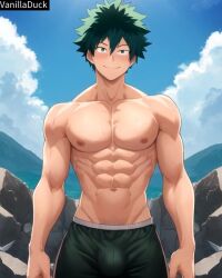 1boy abs ai_generated beach biceps blush boku_no_hero_academia buff bulge chest clouds deku green_hair happy izuku_midoriya male male_only muscle muscle_tone muscles muscular muscular_arms muscular_legs muscular_male muscular_thighs my_hero_academia nipples ocean pecs sea seaside shorts six_pack sky solo solo_focus solo_male strong sweat sweatdrop sweating sweaty sweaty_body vanilladuck water