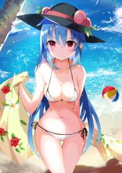 1girls absurdres angry ball beach bikini black_headwear blanket blue_hair breasts floral_print food fruit gluteal_fold halterneck hat hat_ribbon highres hinanawi_tenshi leaf long_hair medium_breasts navel ocean outdoors palm_tree red_eyes red_ribbon ribbon sand side-tie_bikini_bottom solo string_bikini swimsuit tenshi_hinanawi tetsurou_(fe+) touhou tree