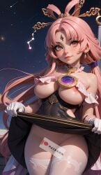 1girls ai_generated big_breasts blush censored censored_pussy constellation cortezian_generations female forehead_jewel fu_xuan_(honkai:_star_rail) gloves gold_eyes hair_ornament hairbow hi_res honkai:_star_rail honkai_(series) leash lifted_by_self lifted_dress long_hair low_twintails night_sky nipples patreon petite pink_hair smile solo stars stockings tassel thick_thighs thighs twintails uncensored_version_available underboob young