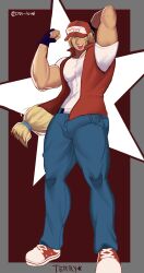 1boy athletic bara big_bulge big_pecs big_penis blonde_hair bulge bulge_through_clothing converse cosu_lewd cosu_nya fatal_fury gay jeans king_of_fighters male male_only muscular red_vest solo super_smash_bros. terry_bogard thick_ass thick_pecs thick_thighs video_games white_t-shirt