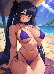 ai_generated bare_shoulders beach big_breasts bikini blush cleavage genshin_impact green_eyes hi_res large_breasts long_hair mabi_ai midriff mona_(genshin_impact) navel purple_hair swimwear thick_thighs wide_hips