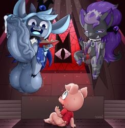 absurd_res baashi bodily_fluids bovid caprine chibi cult_of_the_lamb cultist digit_ring domestic_pig floating foreskin gabriel_(baashi) generation_5_pokemon genital_fluids genitals goat group hi_res humanoid hyper hyper_genitalia jewelry male male/male mammal massive_monster_(studio) mond_(unusualmoondemon) musk nervous nintendo occult_symbol penis pentagram pokemon pokemon_(species) precum ring sermon size_difference smug suid suine sus_(pig) sweat symbol trio wedding wedding_ring zoroark