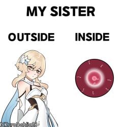 1girls artist_name blonde_hair cleavage clothed clothing dressed female female_only flower_in_hair genshin_impact hair_flower hair_ornament impregnation incest kurodahlia18 lumine_(genshin_impact) meme ovum sister sperm_cell tagme watermark white_dress yellow_eyes