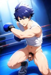 1boy abs ai_generated blue_hair bottomless hatopo005 idolmaster idolmaster_side-m male_focus male_only muscle penis solo_focus sweat taiga_takeru tank_top