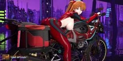 1girls 3d 3d_(artwork) 3d_animation animated anime blue_eyes brown_hair exhibitionism exposed exposed_breasts motorcycle neon_genesis_evangelion public red_suit sinae_art_studio sound souryuu_asuka_langley suit tagme tearing_clothes video