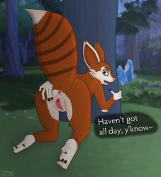 4_fingers 4_toes all_fours anthro anus artist_name ass blue_eyes claws colexod dated dialogue digital_media_(artwork) dota english_text feet female fingers fur genitals hoodwink_(dota) looking_at_viewer looking_back looking_back_at_viewer mammal markings multicolored_body multicolored_fur narrowed_eyes nude orange_body orange_fur plant presenting presenting_pussy pussy raised_tail rear_view rodent sciurid screencap screencap_background solo spread_pussy spreading squirrel_tail striped_markings striped_tail stripes tail tail_markings talking_to_viewer text toes tree tree_squirrel two_tone_body two_tone_fur white_body white_fur