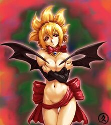 1girls artist_request blonde_hair covering_breasts demon_girl demon_wings disgaea disgaea_2 elbow_gloves no_bra no_panties nude red_eyes ribbon rozalin short_hair solo wings