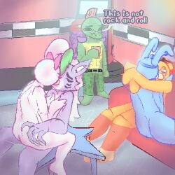 2d 2d_(artwork) 2girls 3boys anthro blue_fur bow couch female five_nights_at_freddy's five_nights_at_freddy's:_security_breach fnaf foursome gay glamrock_bonnie_(fnaf) glamrock_chica_(fnaf) glamrock_freddy_(fnaf) gray_hair green_hair holding kissing lonely male montgomery_gator_(fnaf) naked pants pink_bow potato_dealer purple_fur robot roxanne_wolf_(fnaf) sad shitpost table text this_is_not_rock_and_roll watching yaoi yuri