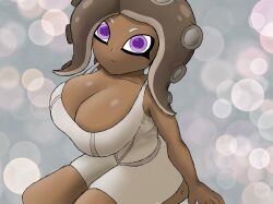 1girls agent_8_(side_order) agent_8_(splatoon) big_breasts breasts cleavage epic_omi fullbody_suit fully_clothed kneeling looking_at_viewer looking_up octoling octoling_girl one-piece purple_eyes self_upload shortstack splatoon tentacle tentacle_hair tight_clothing top_down top_heavy