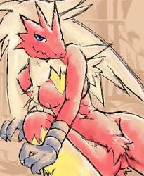 blaziken blue_eyes breasts color female female_only g-sun nude pokemon pokemon_(species) sitting sketch solo tagme