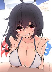 ahoge alternate_breast_size asymmetrical_wings beach_umbrella bikini black_hair breast_rest breasts cleavage dated elbow_rest female gift_art grin hair_between_eyes happy_birthday highres houjuu_nue large_breasts long_hair looking_at_viewer nue_houjuu o-ring o-ring_bikini red_eyes sakakiba_misogi signature simple_background smile solo swimsuit touhou umbrella white_background white_bikini wings