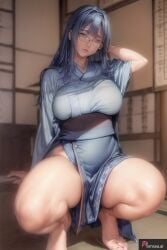 ai_generated anime_style blue_dress blue_hair glasses japanese_girl leg_split_dress squatting