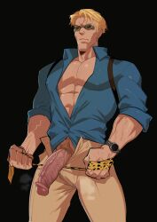 1boy abs big_penis blonde_hair body_hair boner foreskin foreskin_folds fully_retracted_foreskin human inner_foreskin intact jujutsu_kaisen kento_nanami kukumomo male male_only male_pubic_hair manly mature_male muscles muscular_male open_pants pecs penis penis_out semi-erect solo uncut veiny_penis