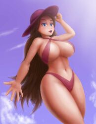 1female alternate_version_available arm_up blue_eyes breast_grab brown_eyebrows brown_hair cleavage clothing female female_only hand_on_hat legs_crossed light-skinned_female long_hair looking_at_viewer mario_(series) pauline pink_lipstick purple_eyeshadow red_bikini red_hat red_swimsuit saf-404 safartwoks safartworks sun super_mario_odyssey thick_thighs video_game_character