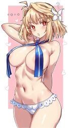 ? alternate_version_available arcueid_brunestud areola_slip bare_shoulders bikini bikini_bottom_only blonde_hair blush breast_curtains breasts bright_pupils ebora fate/grand_order fate_(series) female flower frilled_bikini frills hair_flower hair_intakes hair_ornament highres large_breasts looking_at_viewer lowleg lowleg_bikini navel neck_ribbon open_mouth red_eyes ribbon short_hair solo star_(symbol) star_in_eye swimsuit symbol_in_eye thighs tsukihime white_bikini white_pupils youngmanisdown