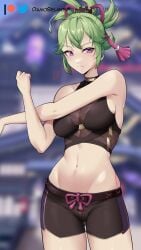 1girls belly_button bike_shorts breasts damodar female female_only fitness genshin_impact green_hair kuki_shinobu one_female only_female purple_eyes shorts solo solo_female sports_bra