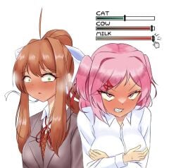 2girls 3rd_party_edit ahoge angry attribute_slider big_breasts blank_background blush blush_face blush_lines blushing breast_expansion breast_squish breasts brown_hair doki_doki_literature_club edit edited embarrassed embarrassed_female embarrassment female female_focus female_only green_eyes holding_breast holding_own_breast large_breasts mhmundead miham_moni monika_(doki_doki_literature_club) natsuki_(doki_doki_literature_club) oham_yuri pink_eyes pink_hair simple_background slider sweat sweatdrop third-party_edit white_background yuri